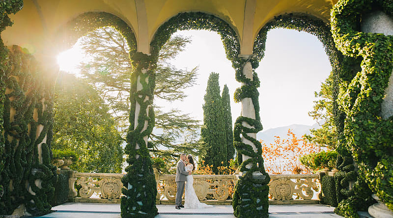 Couple eloping at Villa del Balbianello on Lake Como, Italy Couple eloping at Villa del Balbianello on Lake Como, Italy