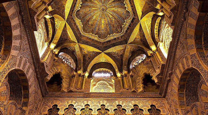 Golden interior dome of the mosque of Cordoba in Spain