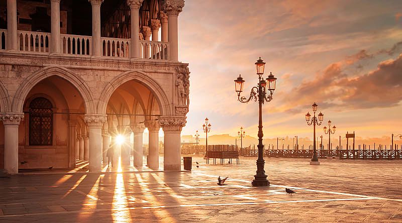 Sun rising on San Marco Square in Venice, Italy.