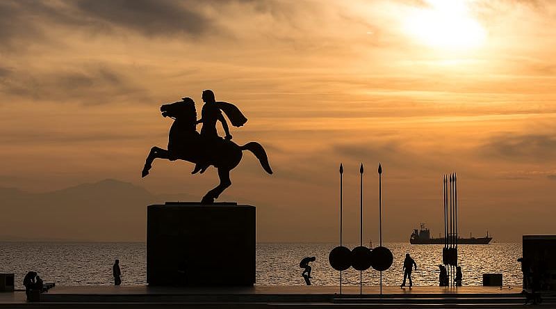 Monument to Alexander the Great on the night embankment, Thessaloniki