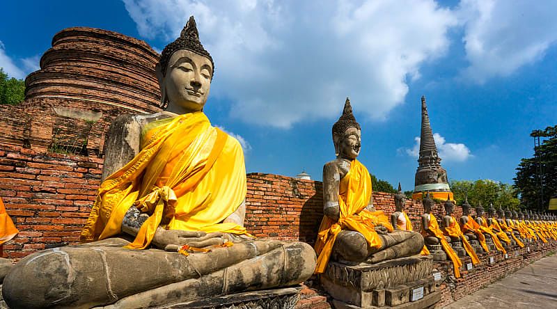 Buddha statues in Ayutthaya ruins in Thailand. 