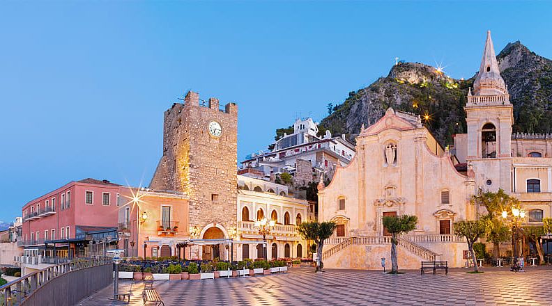 Piazza IX Aprile in Taormina, Italy Piazza IX Aprile-Taormina's central square in Sicily, Italy