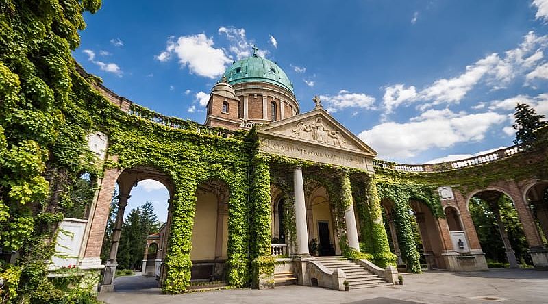 Vine covered entrance to Mirogoj cemetery in Zagreb, Croatia