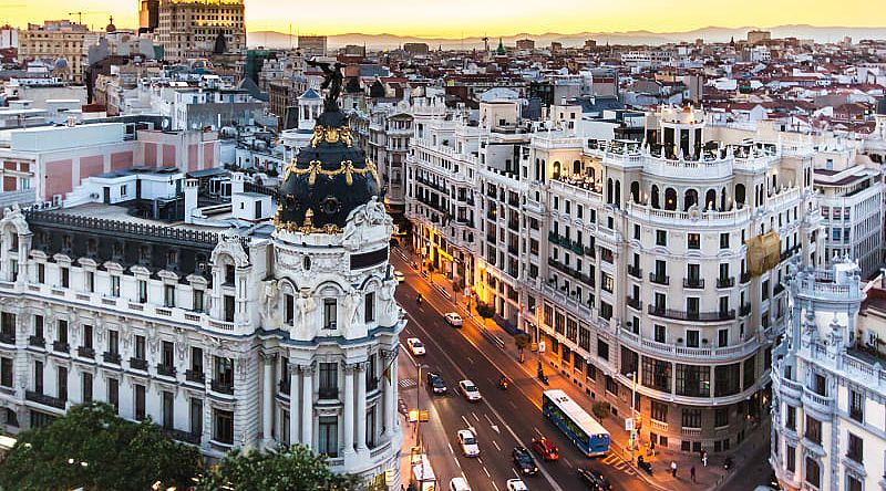 Panoramic view of the main shopping street Gran via in Madrid, Spain