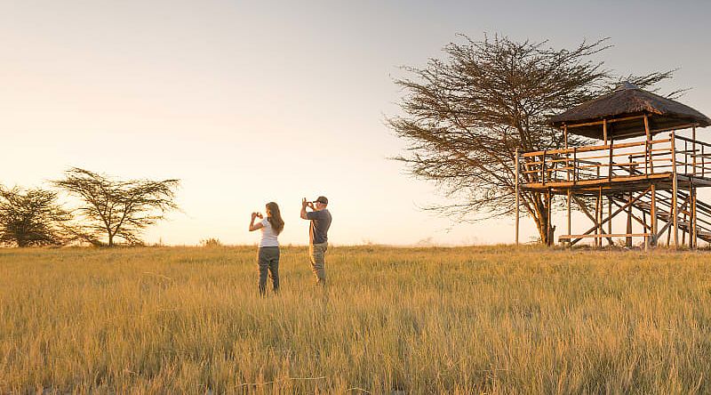 Honeymoon couple taking pictures on safari