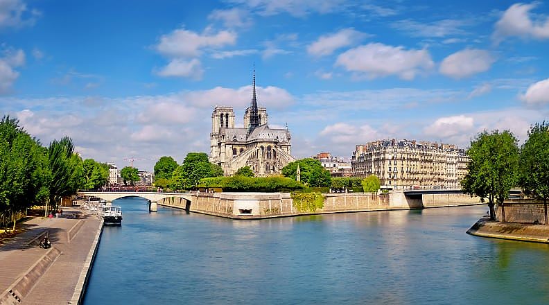 Notre Dame Cathedral on the Seine River in Paris.