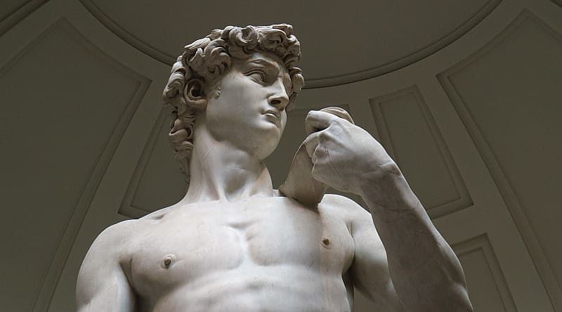 David is a marble statue by Michelangelo at the Academy of Fine Arts in Florence, Italy