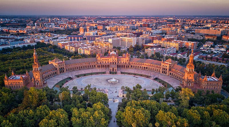 Aerial view of Plaza de España in Seville, Spain