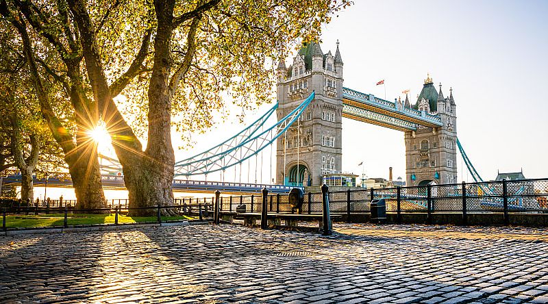 The Tower Bridge at sunrise in London