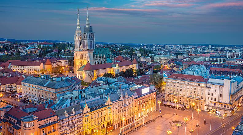 City square and cathedral at twilight in Zagreb, Croatia