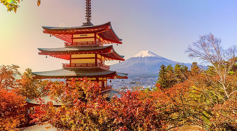 Chureito pagoda with autumn trees and Mt Fuji in the distance, Japan