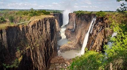 Victoria Falls with blue sky in Zambia