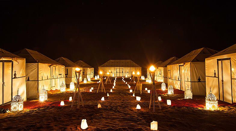 Luxury camp at night in Sahara desert, Morocco