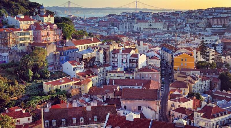 View of Lisbon, Portugal, at sunset, from the observation deck Miradouro da Graca
