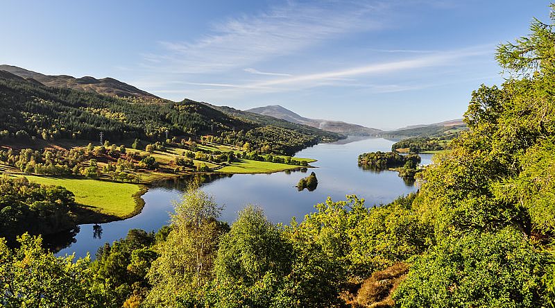 Beautiful summer view across Loch Tummel seen from Queen's View, located near Pitlochry, Perthshire, Scotland, UK.