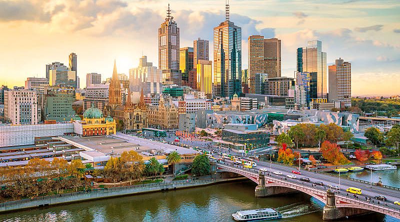 Melbourne city skyline at sunset