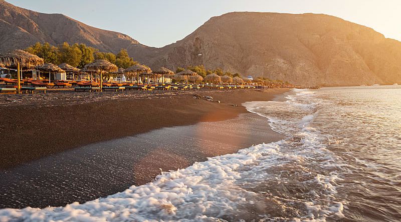 Perissa beach in Santorini, Greece.