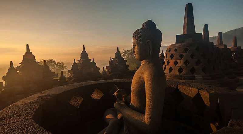 Borobudur Temple at sunrise in Java, Indonesia