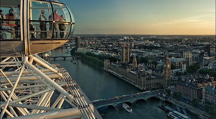 View from London Eye to the City of Westminster, England.