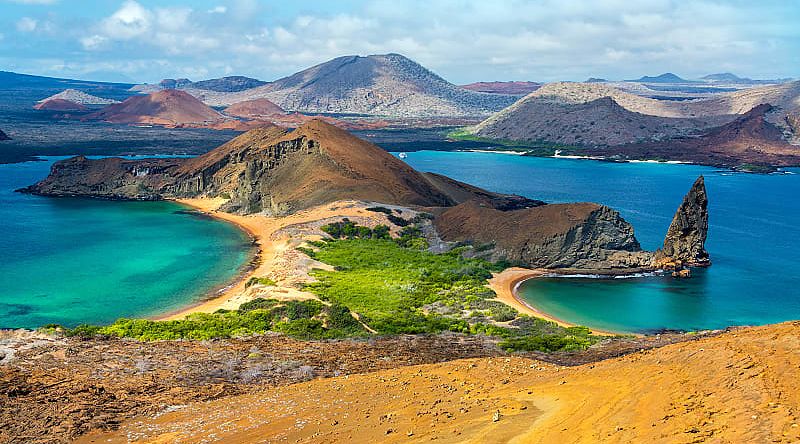 View of two beaches on Bartolome Island in the Galapagos Islands in Ecuador.