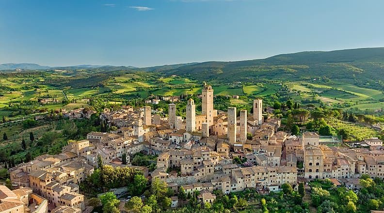 San Gimignano village surround by vineyards in Tuscany, Italy