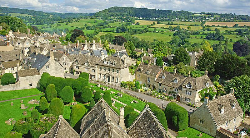 View of the village Painswick and surrounding countryside in the Cotswolds
