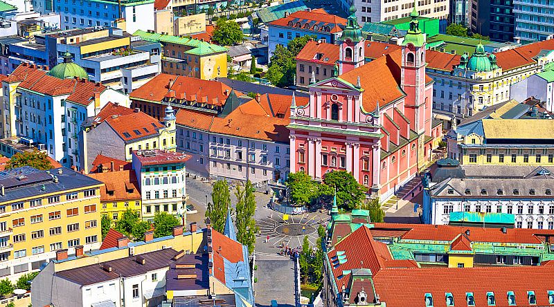 View of the city and Presena square, Ljubljana, Slovenia