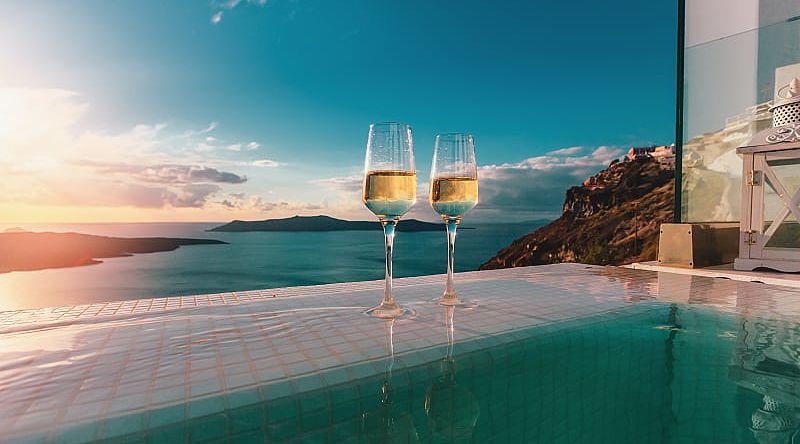 Wine with a view in Santorini, Greece.