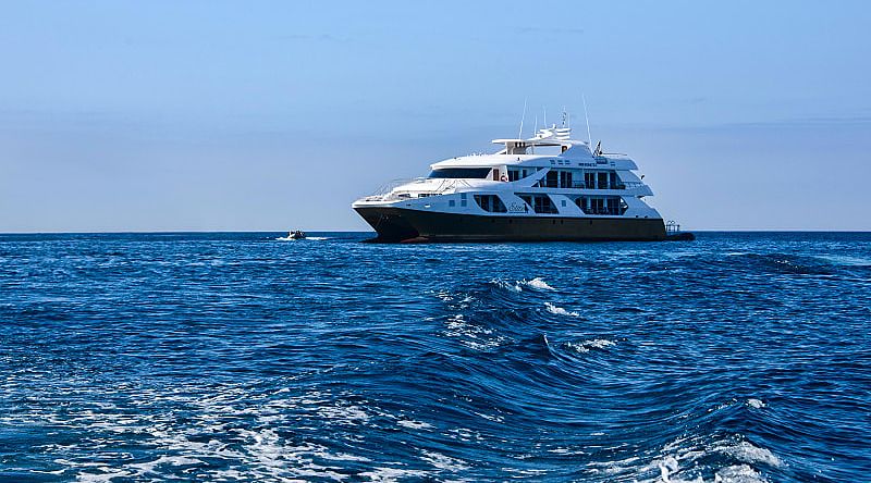 Luxury yacht in the bay a San Cristobol, Galapagos