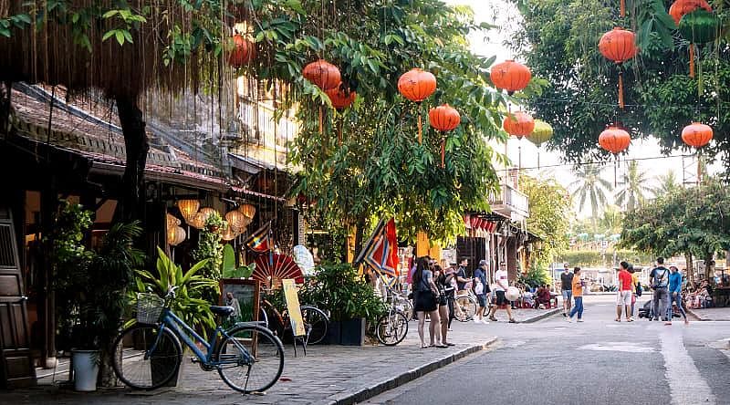Decorated street in Hanoi, Vietnam.