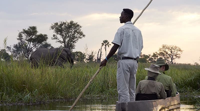 Mokoro boat safari with elephant on riverbank at Sanctuary Baines Camp in Botswana