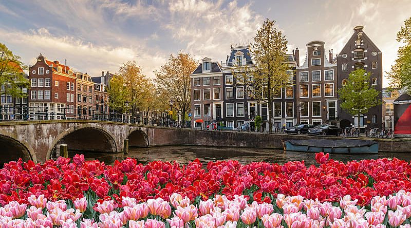 Traditional buildings along the canal in Amsterdam, Netherlands