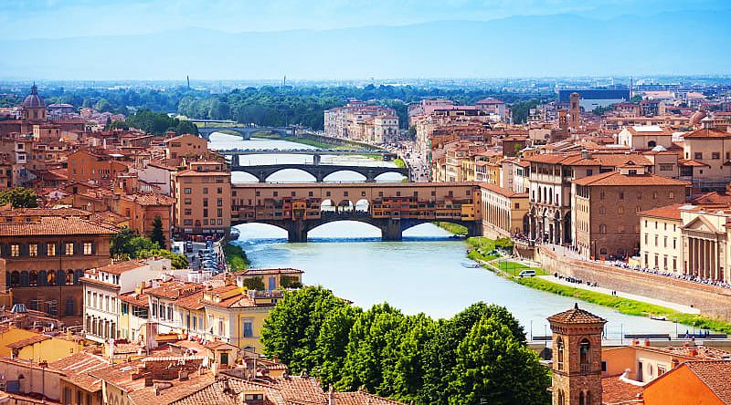 Panorama Arno river and Ponte Vecchio bridge, Florence, Italy