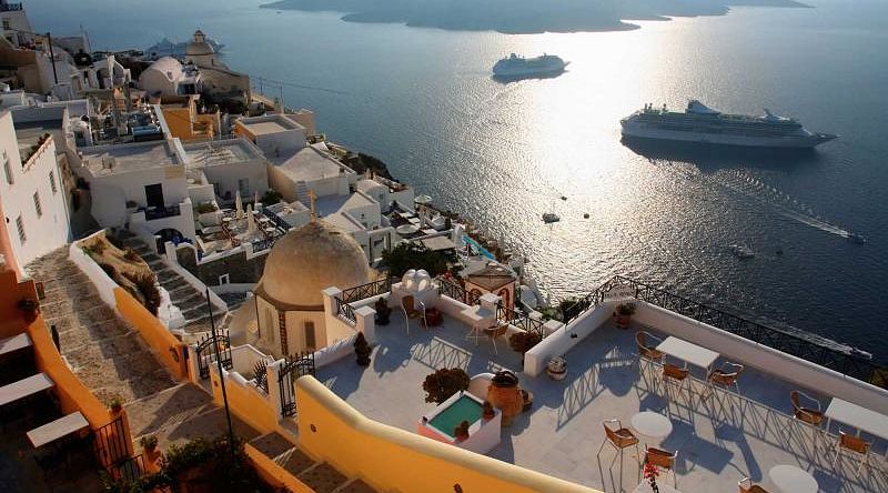 sunset on Santorini landscape overlooking the Caldera, Greece