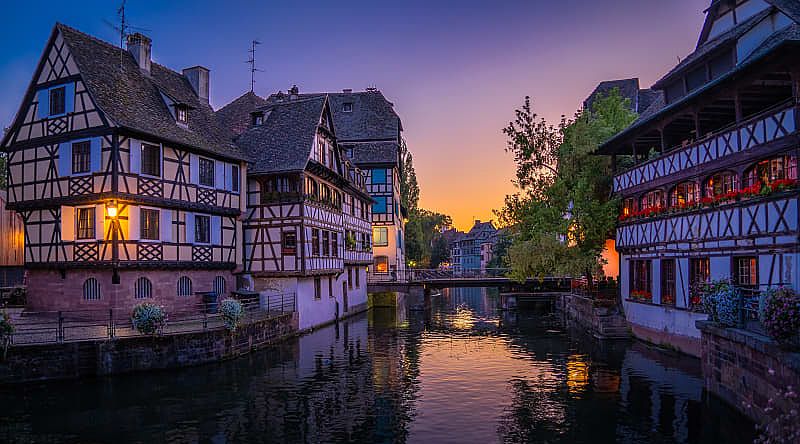 Strasbourg at dusk in France.