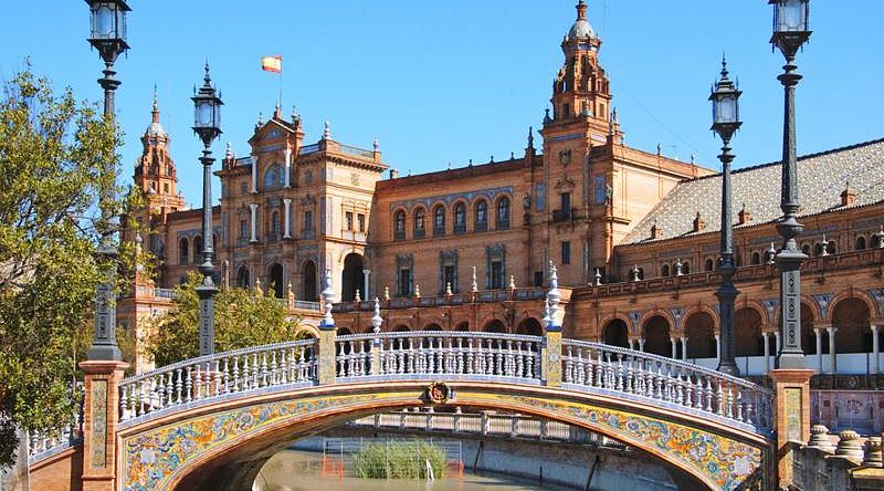 Pedestrian bridge over the canal at Plaza de España in Seville Pedestrian bridge over the canal at Plaza de España in Seville