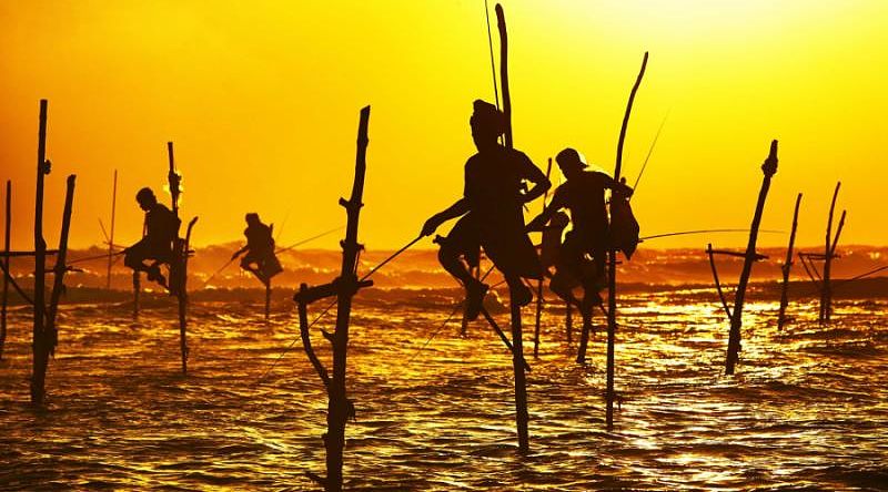 Silhouettes of the traditional fishermen at the sunset near Galle in Sri Lanka