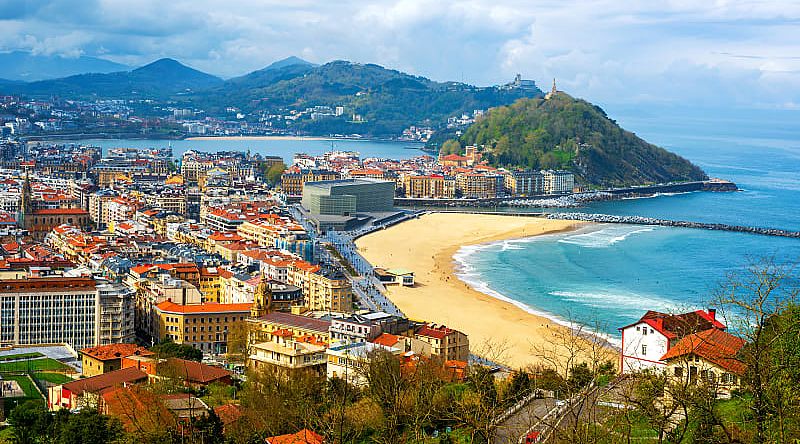  View of the Zurriola Beach in San Sebastian, Spain.