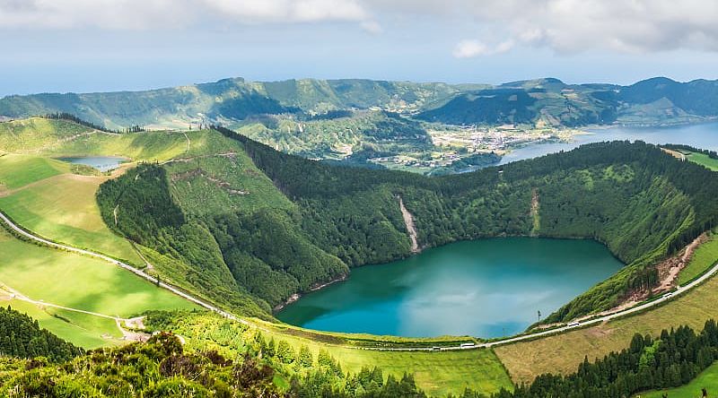 Aerial view of Sete Cidades Lake in Azores, Portugal Aerial view of Sete Cidades Lake in Azores, Portugal
