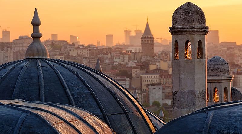 Galata Tower at sunrise is Istanbul, Turkey.