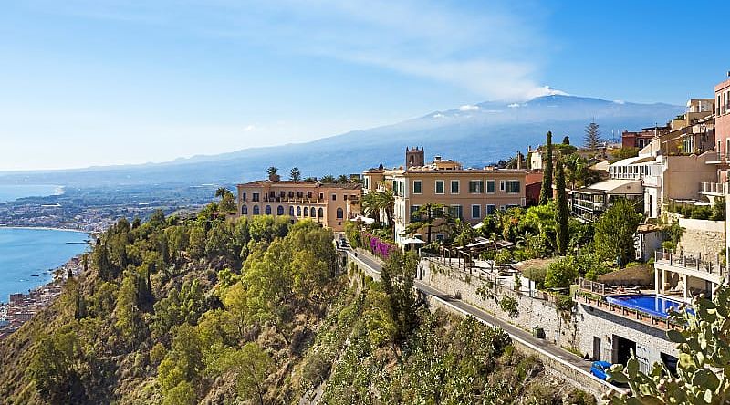View of the city of Taormina and Mount Etna, Sicily
