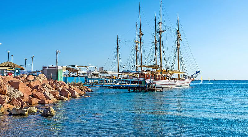 Wooden sailing ship on the coast of Eilat