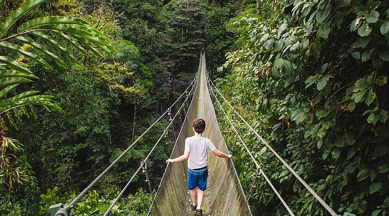 Child crossing hanging suspension bridge in the jungle of Costa Rica