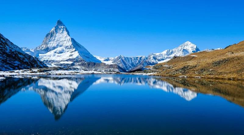 Riffelsee lake in Zermatt with the reflection of Matterhorn