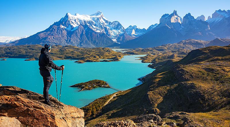 Hiking Torres del Paine, Patagonia, Chile Hiker in Torres del Paine National Park, Patagonian Chile