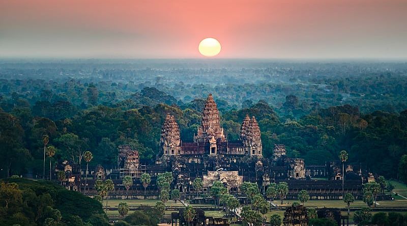 Stunning view of ancient Buddhist temple Angkor Wat at sunset, Cambodia