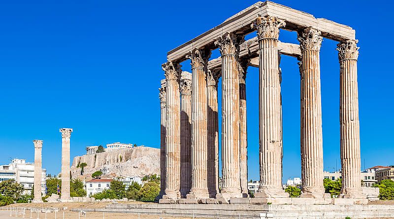 Temple of Zeus and Acropolis Hill in Athens, Greece