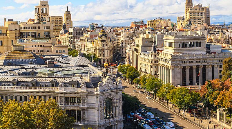 Shopping street Gran Via, Madrid, Spain Cityscape and aerial view of shopping street Gran Via, Madrid, Spain