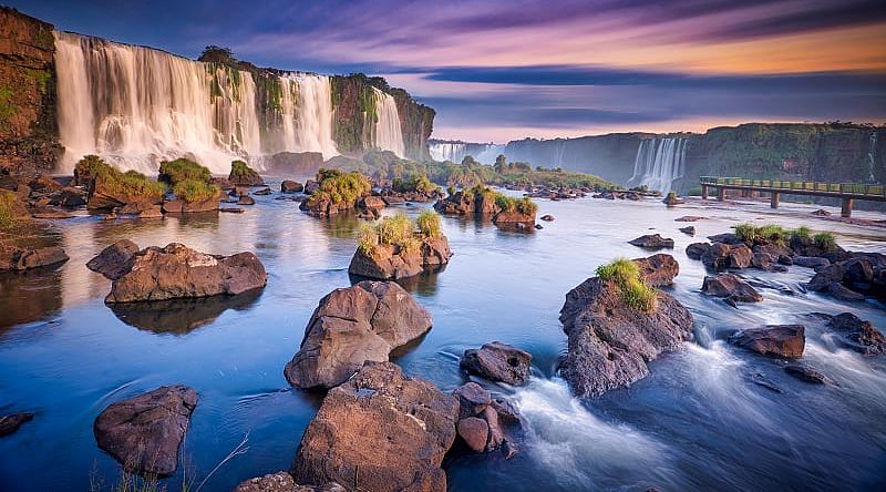 Romantic sunset over Garganta del Diablo, the Devil's Throat, waterfall at Iguazu National Park, Argentina