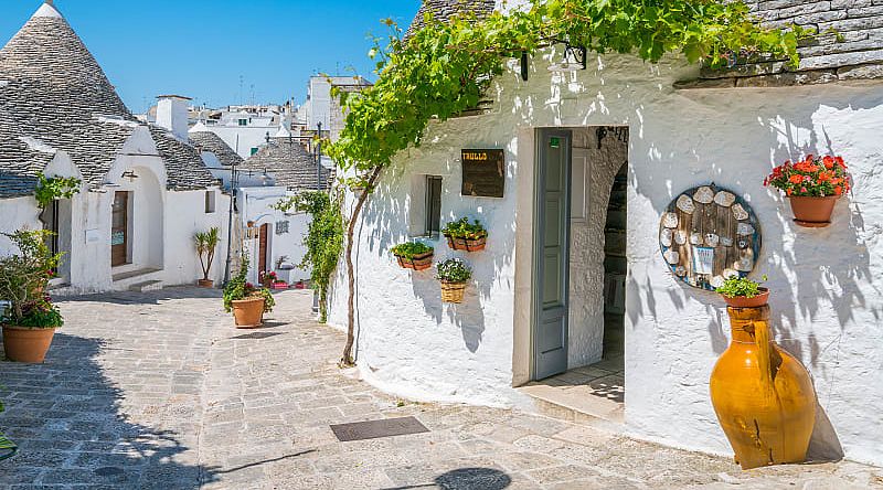 The whitewashed conical huts of Alberobello, Italy